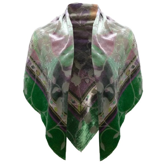 Chanel Green / Purple Leaf Design Square Scarf/Wrap - Picture 1 of 8